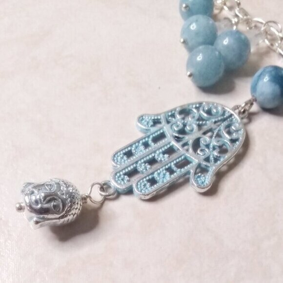 Boho Blue Agate & Patina Painted Hamsa Hand + Buddha - 20" Adjustable Necklace - Picture 3 of 9